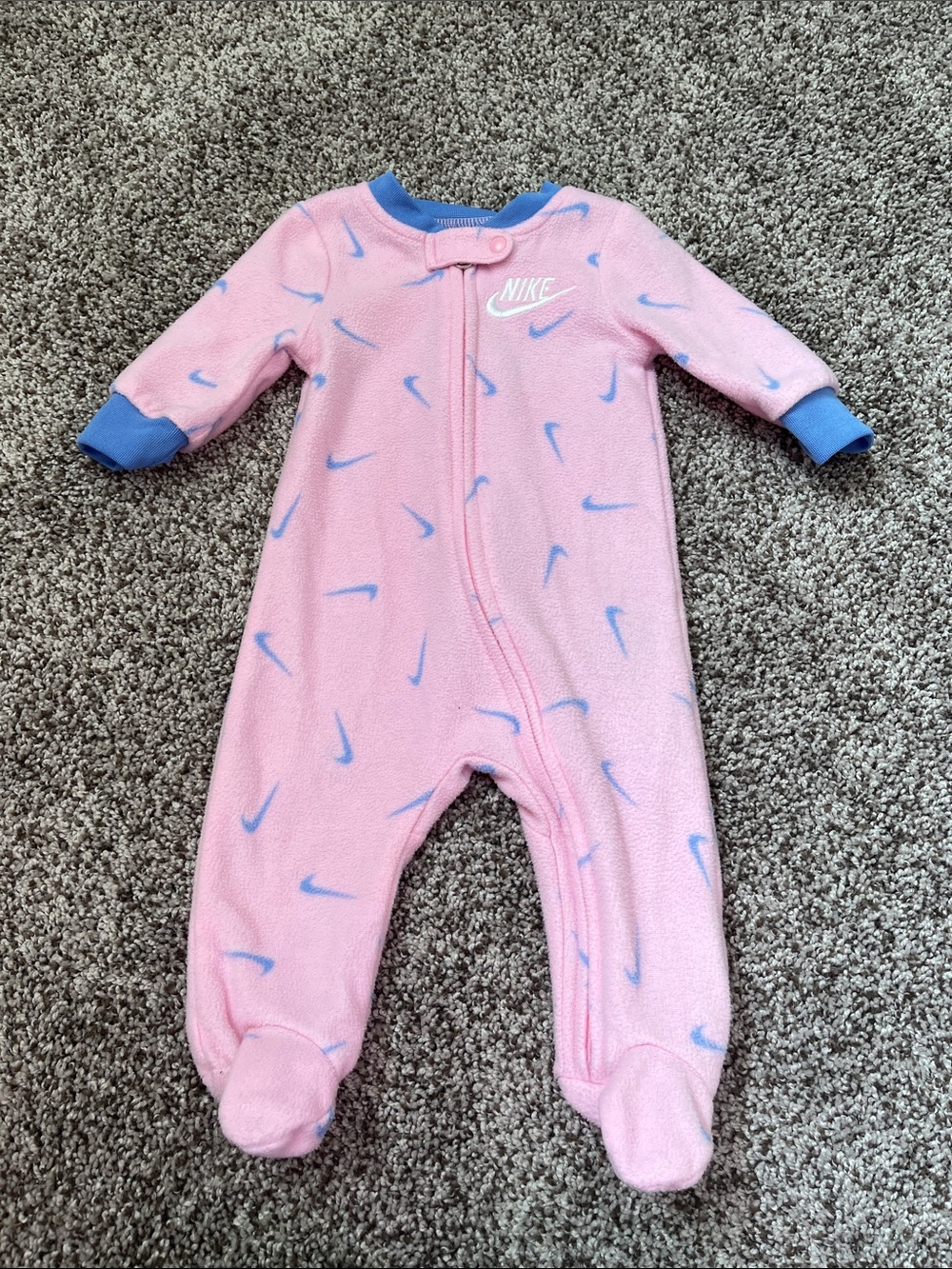 Nike Pink Fleece Footed One-Piece with Blue Accents Size 3 Months